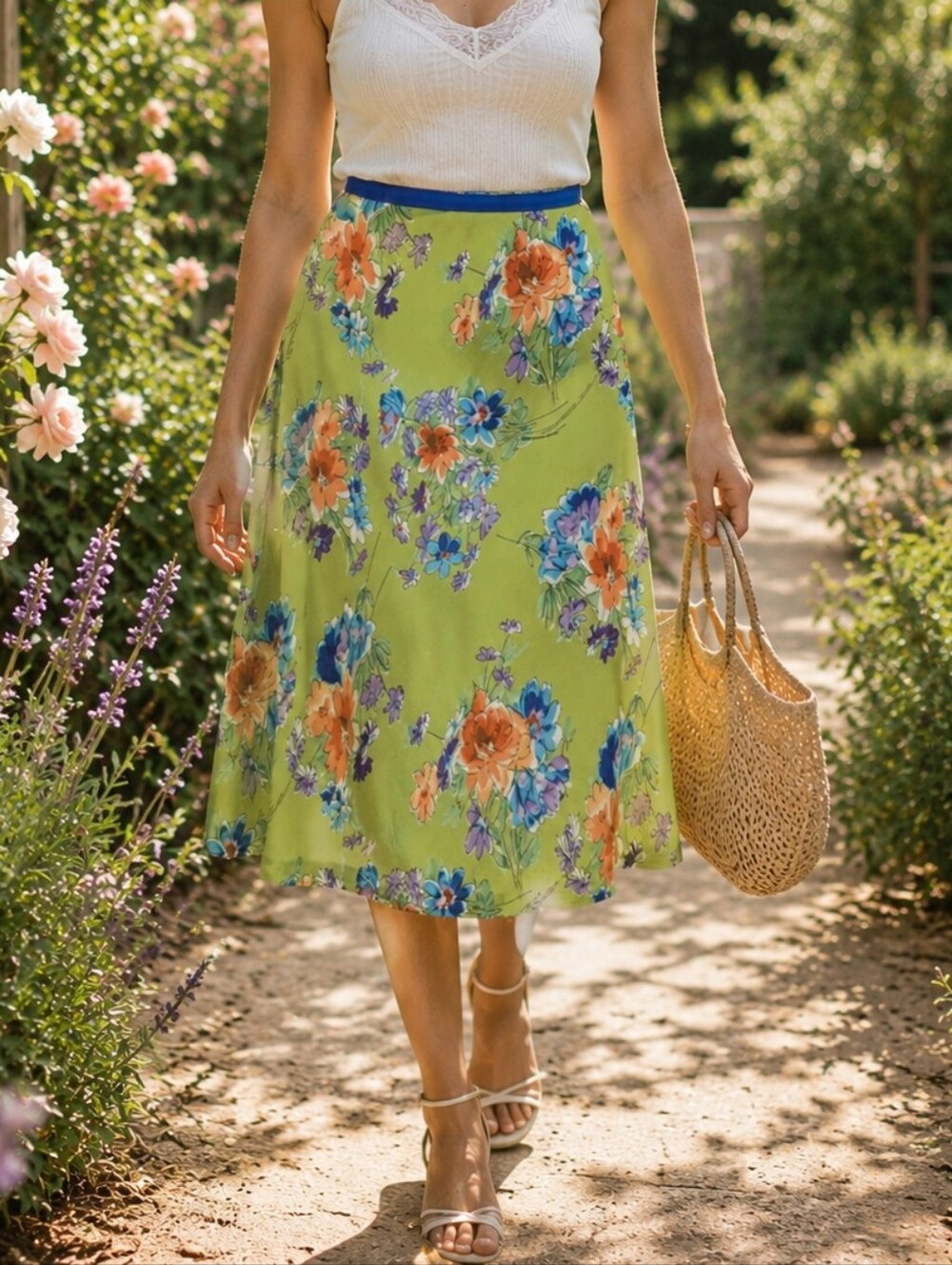 Vintage Lime Green Floral A-Line Skirt Blue Trim Fairycore Romantic Boho
